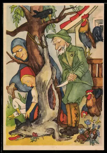 AK Rotkäppchen mit dem erlegten Wolf, Märchen