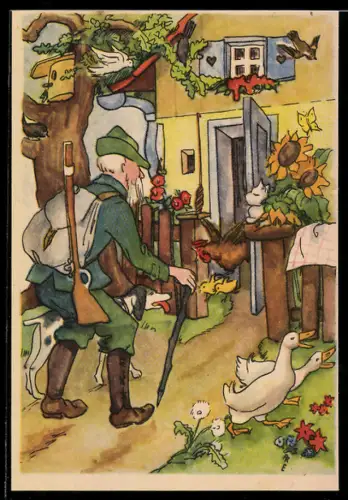 AK Rotkäppchen, Jäger am Haus der Grossmutter, Märchen