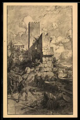 Künstler-AK Leipzig, Museum der bildenen Künste, Abzug von Troja, Sage