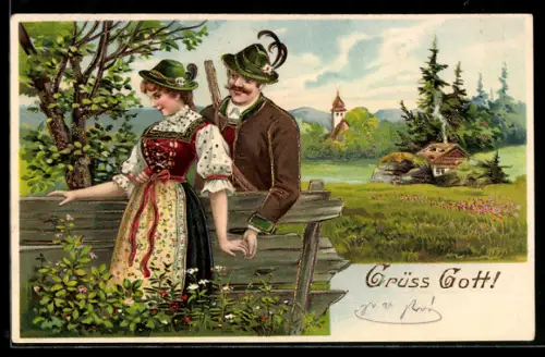 Präge-AK Liebespaar am Zaun, Im Hintergrund Kirche