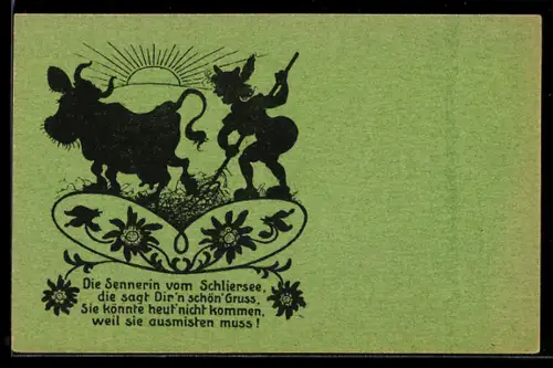 Künstler-AK Schliersee, Sennerin mit der Kuh, Schattenbild, Erotik