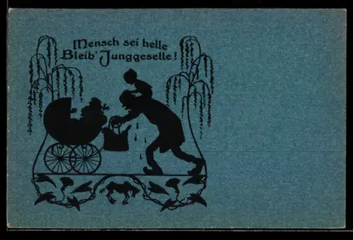 AK Schattenbild, Vater schiebt den Kinderwagen, Erotik