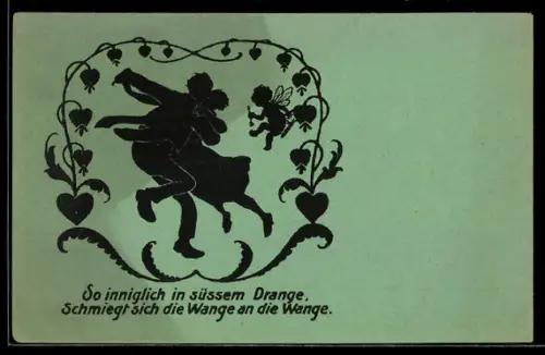 AK Schattenbild, Liebespaar beim Tanz, Amor, Erotik