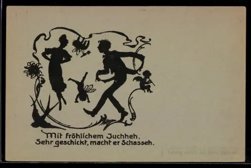 AK Schattenbild, Tanzendes Paar mit Elfen, Erotik