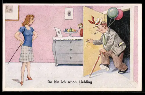 AK Betrunkener kommt zu Frau nach Hause, frauenfeindlicher Humor