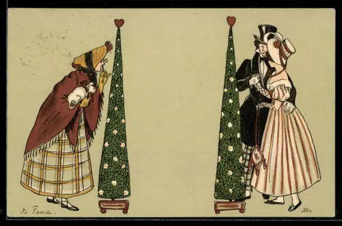 AK Ältere Dame beobachtet Liebespaar, Biedermeier