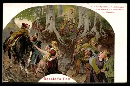 Künstler-AK Küssnacht, Tellskapelle a. d. hohlen Gasse, Gesslers Tod, Wilhelm Tell