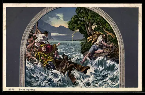 Künstler-AK Sisikon /Vierwaldstättersee, Tellskapelle, Wilhelm Tells Sprung