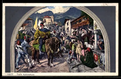 Künstler-AK Sisikon /Vierwaldstättersee, Tellskapelle, Wilhelm Tells Apfelschuss