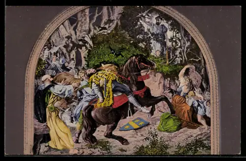 Künstler-AK Sisikon /Vierwaldstättersee, Tellskapelle, Gesslers Tod, Wilhelm Tell