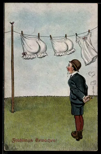 AK Erotik, Frühlings Erwachen, Knabe stellt sich üppigen Frauenhintern in wehender Unterwäsche vor