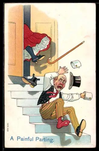 AK Frau tritt Mann die Treppe runter, frauenfeindlicher Humor