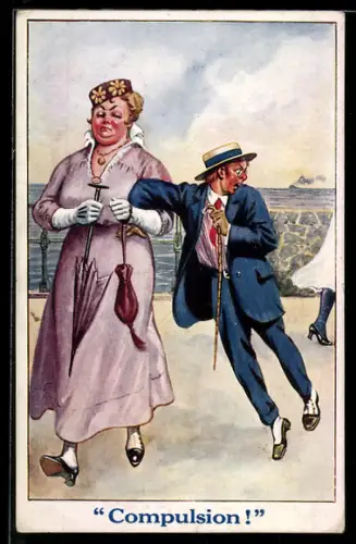 AK Grosse Frau schleift ihren Mann weg, frauenfeindlicher Humor