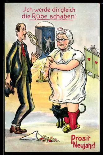 AK Frau droht ihrem Mann mit Schlägen, Neujahrsgruss, frauenfeindlicher Humor