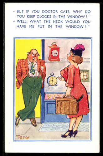 AK Frau am Schaufenster mit Uhren spricht Inhaber an, Scherz