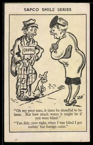 AK Frau spricht mit einem einbeinigen Bettler, Scherz