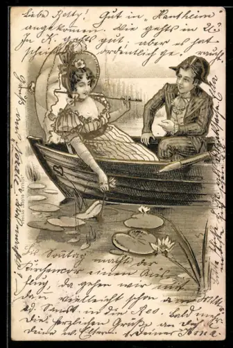 Präge-AK Paar in einem Boot im Biedermeierstil