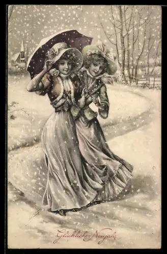 Künstler-AK zwei Frauen mit Schirm bei Schneefall im Winter