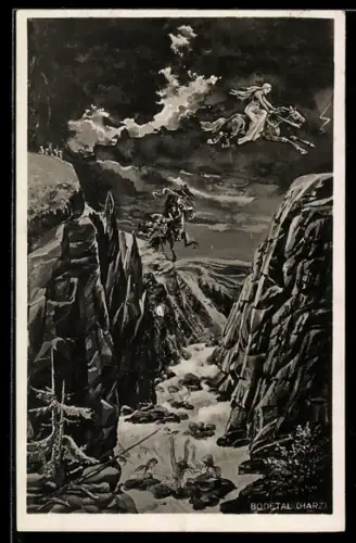 Künstler-AK Bodetal /Harz, Die Sage von der Rosstrappe, Bodo stürzt mit Pferd in die Schlucht