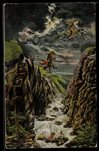 AK Sage von der Rosstrappe, Brunhild springt mit ihrem Pferde über eine Schlucht