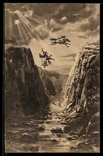 AK Die Sage von der Rosstrappe, König Bodo stürzt mit Pferd in die Schlucht