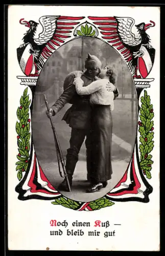 AK Soldat in Uniform und mit Gewehr küsst eine Frau, Soldatenliebe