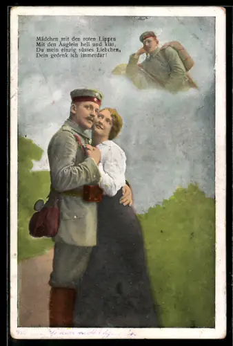 AK Soldat in Uniform hält eine Frau in den Armen, Soldatenliebe