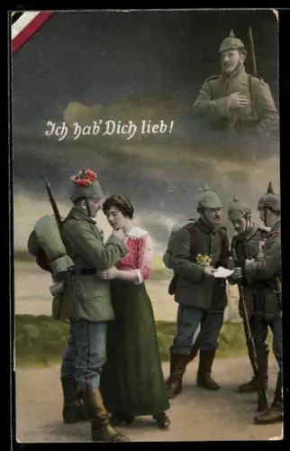 AK Soldat in Uniform mit einer Frau, Kameraden mit Briefen im Hintergrund, Soldatenliebe