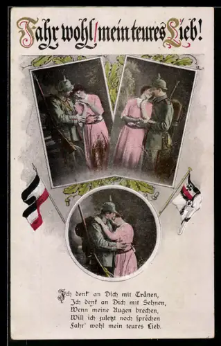 AK Verschiedene Szenen eines Soldaten in Uniform mit einer Frau, Reichskriegsflagge im Passepartout, Soldatenliebe