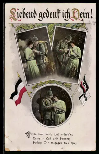AK Verschiedene Szenen eines Soldaten in Uniform mit seiner Liebsten, Reichskriegsflagge im Passepartout, Soldatenliebe