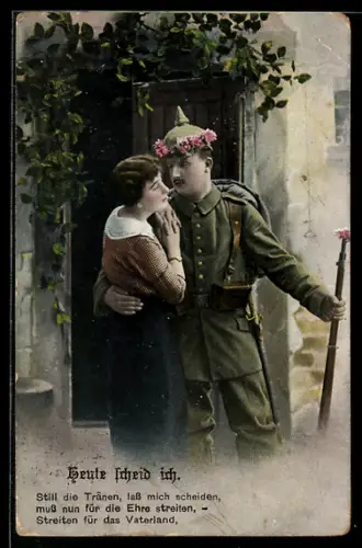 AK Soldat in Uniform und mit Gewehr hält seine Liebste im Arm, Soldatenliebe
