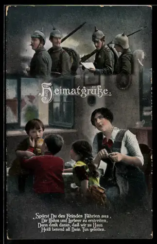 AK Soldaten in Uniform über einer Mutter mit ihren Kindern, Soldatenliebe