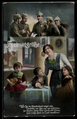AK Soldaten in Uniform über einer Mutter mit ihren Kindern, Soldatenliebe