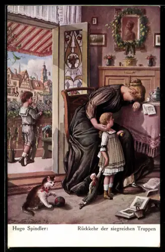 Künstler-AK sign. Hugo Spindler: Rückkehr der siegreichen Truppen, Katze