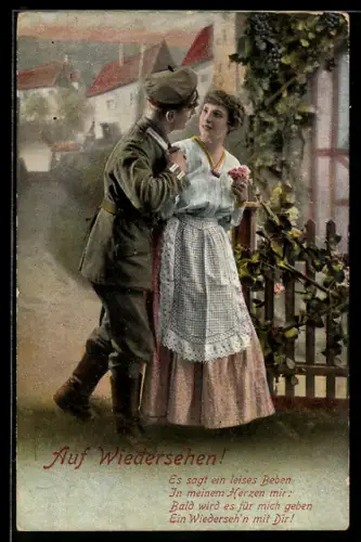 AK Soldat in Uniform hält die Hand einer Frau, Soldatenliebe