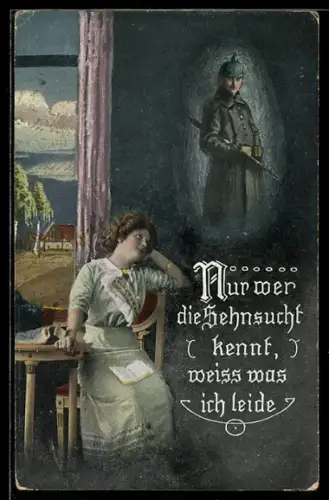 AK Frau denkt an einen Soldaten in Uniform und mit Gewehr, Soldatenliebe