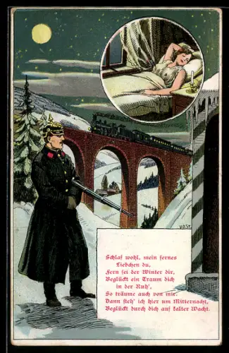 AK Soldat in Uniform und mit Gewehr neben dem Portrait einer schlafenden Frau, Soldatenliebe