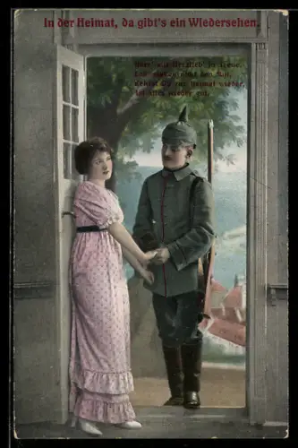 AK Soldat in Uniform hält die Hände einer hübschen Frau, Soldatenliebe