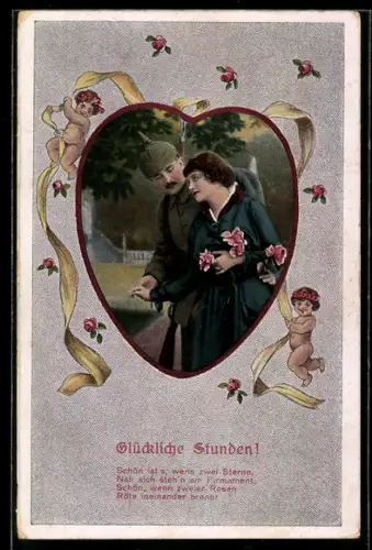 AK Soldat in Uniform mit seiner Liebsten in einem Herzpassepartout, Soldatenliebe