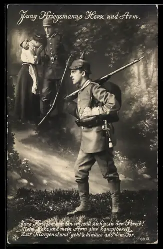 AK Soldat in Uniform mit geschultertem Gewehr und weinende Frau in den Armen eines Soldaten, Soldatenliebe