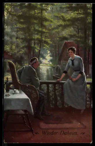 AK Verletzter Soldat in Uniform mit seiner Liebsten vor idyllischem Ausblick, Soldatenliebe