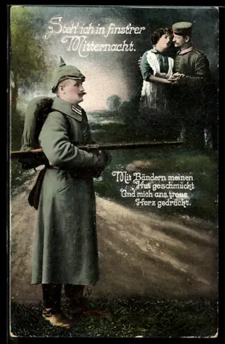 AK Soldat in Uniform gedenkt seiner Liebsten, Soldatenliebe