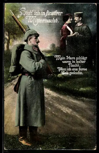 AK Soldat in Uniform und mit geschultertem Gewehr gedenkt seiner Liebsten, Soldatenliebe