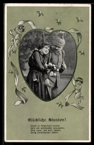 AK Soldat in Uniform mit einer schönen Frau im Herzpassepartout, Soldatenliebe