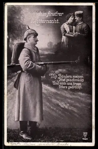 AK Soldat in Uniform und mit Gewehr gedenkt seiner Liebsten, Soldatenliebe