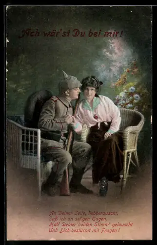 AK Soldat in Uniform sitzt bei einer hübschen Frau, Soldatenliebe