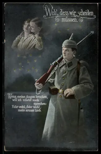 AK Soldat in Uniform und mit geschultertem Gewehr gedenkt seiner Liebsten, Soldatenliebe