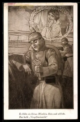 AK Soldat in Uniform und mit Blumenstrauss gedenkt seiner Liebsten, Soldatenliebe