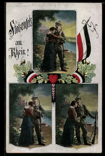 AK Verschiedene Szenen eines Soldaten in Uniform mit seiner Liebsten, Reichsflagge im Passepartout, Soldatenliebe