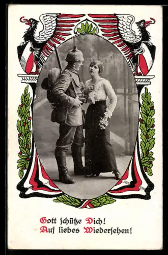 AK Soldat in Uniform steht bei einer hübschen Frau, Soldatenliebe